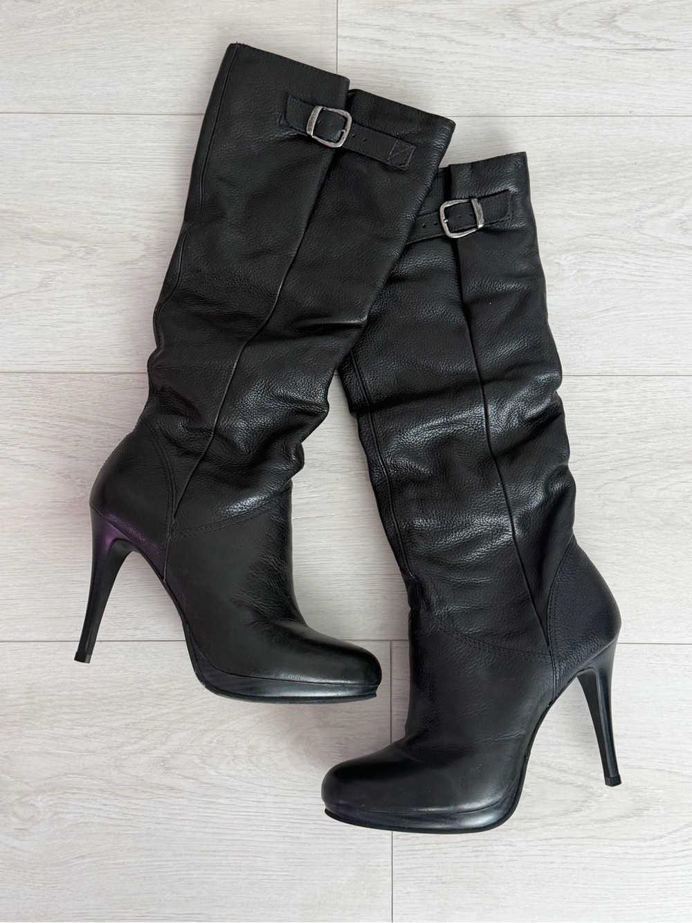 Cathy Jean Black Knee-High Stiletto Boots with Buckle